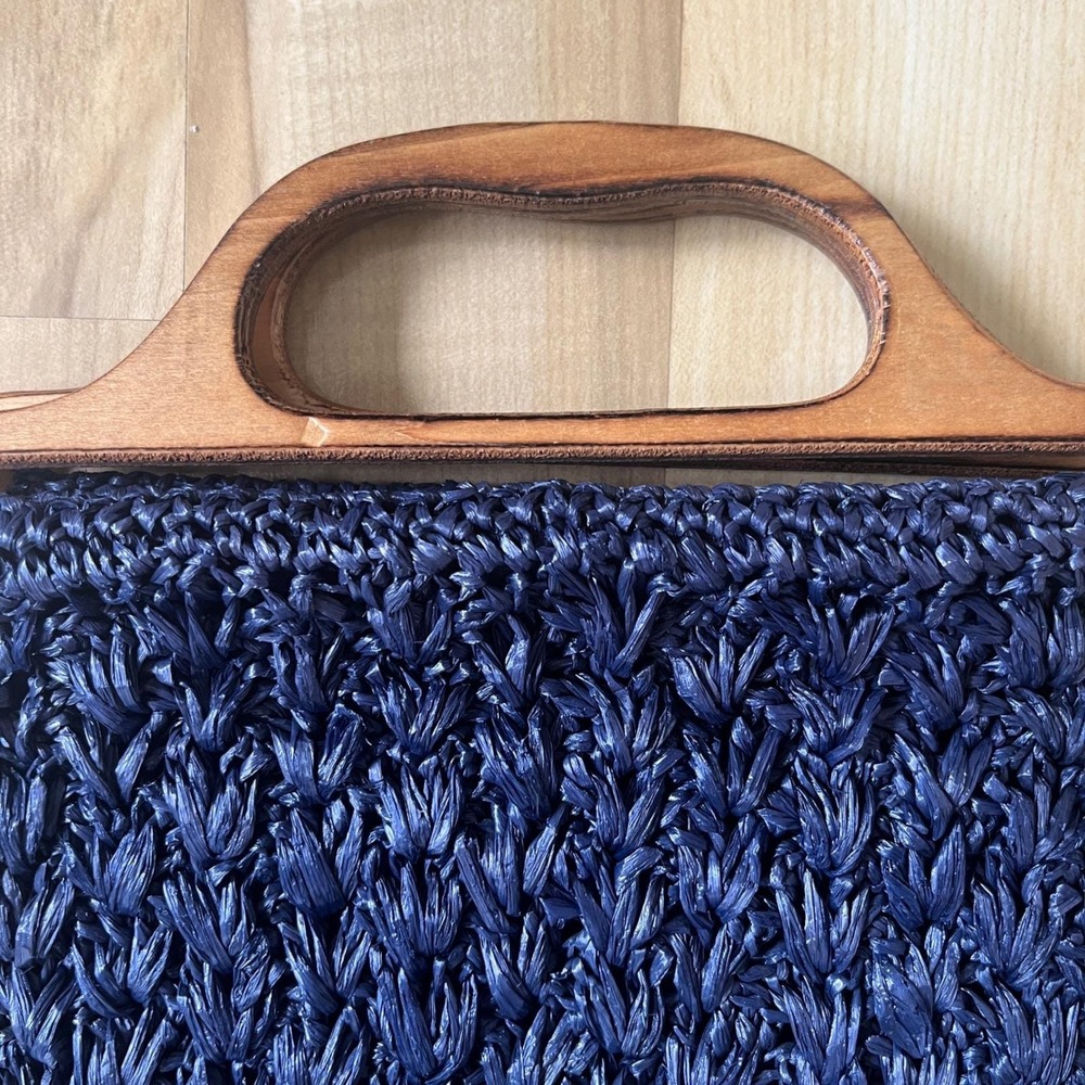 Vintage Handbag Straw Navy Blue Wood Coastal Beach Preppy Cottage‎ Classic Vacay - Picture 5 of 12